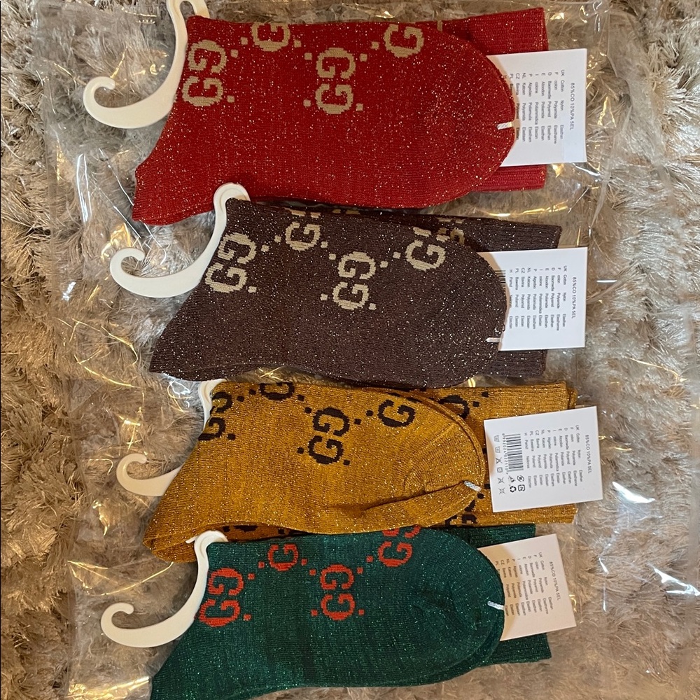 GG Logo Glitter Crew Socks — Red, Brown, Gold, Green price per pair